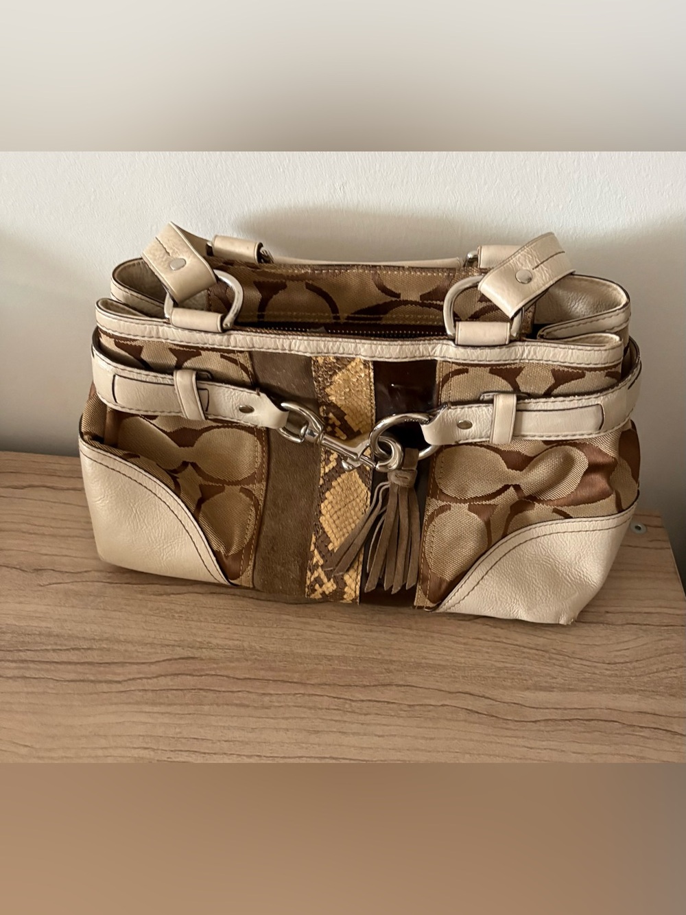 Coach Hampton 10262 SoHo Brown Signature Patchwork Tote Tassel